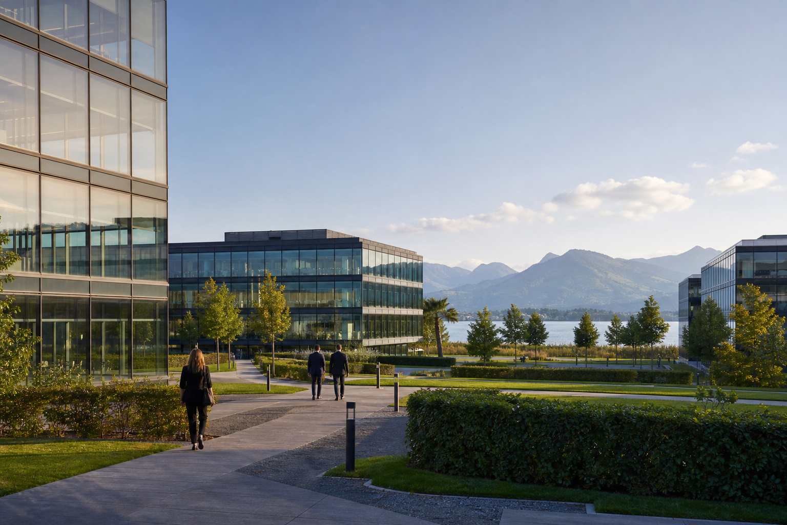 A modern glass office campus beside Lake Zug with mountains behind