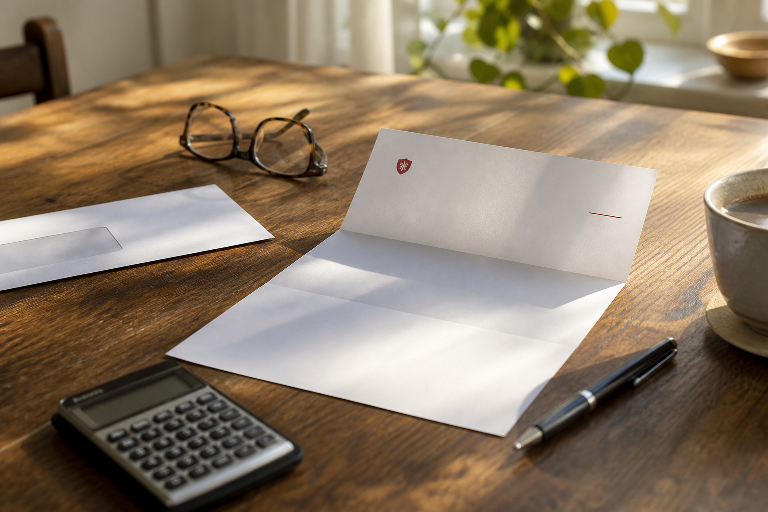 An official pension statement and an opened envelope on a wooden table beside reading glasses
