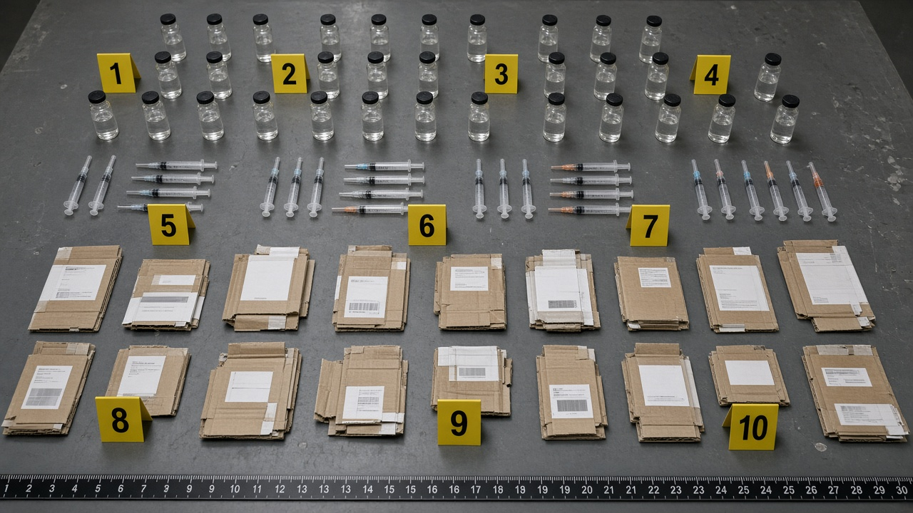Rows of small glass vials, syringes and cardboard packaging laid out on a police evidence table