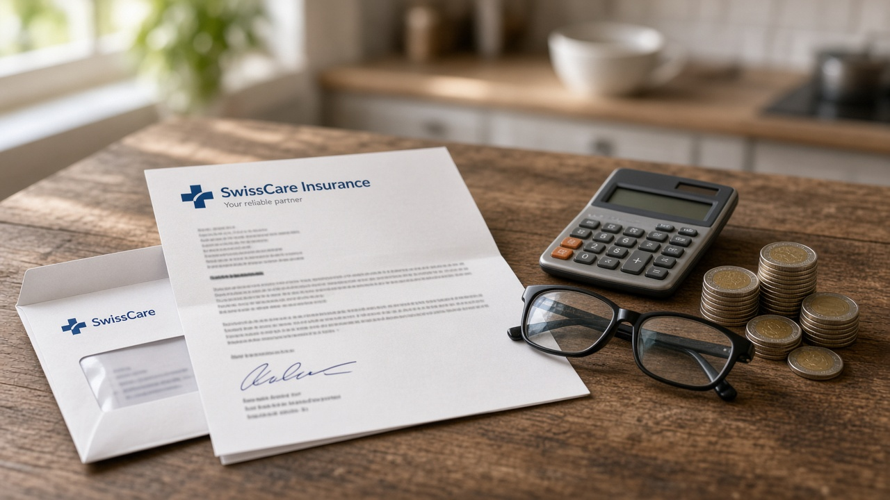 An opened health insurance premium letter on a kitchen table beside a calculator, reading glasses and stacked Swiss coins