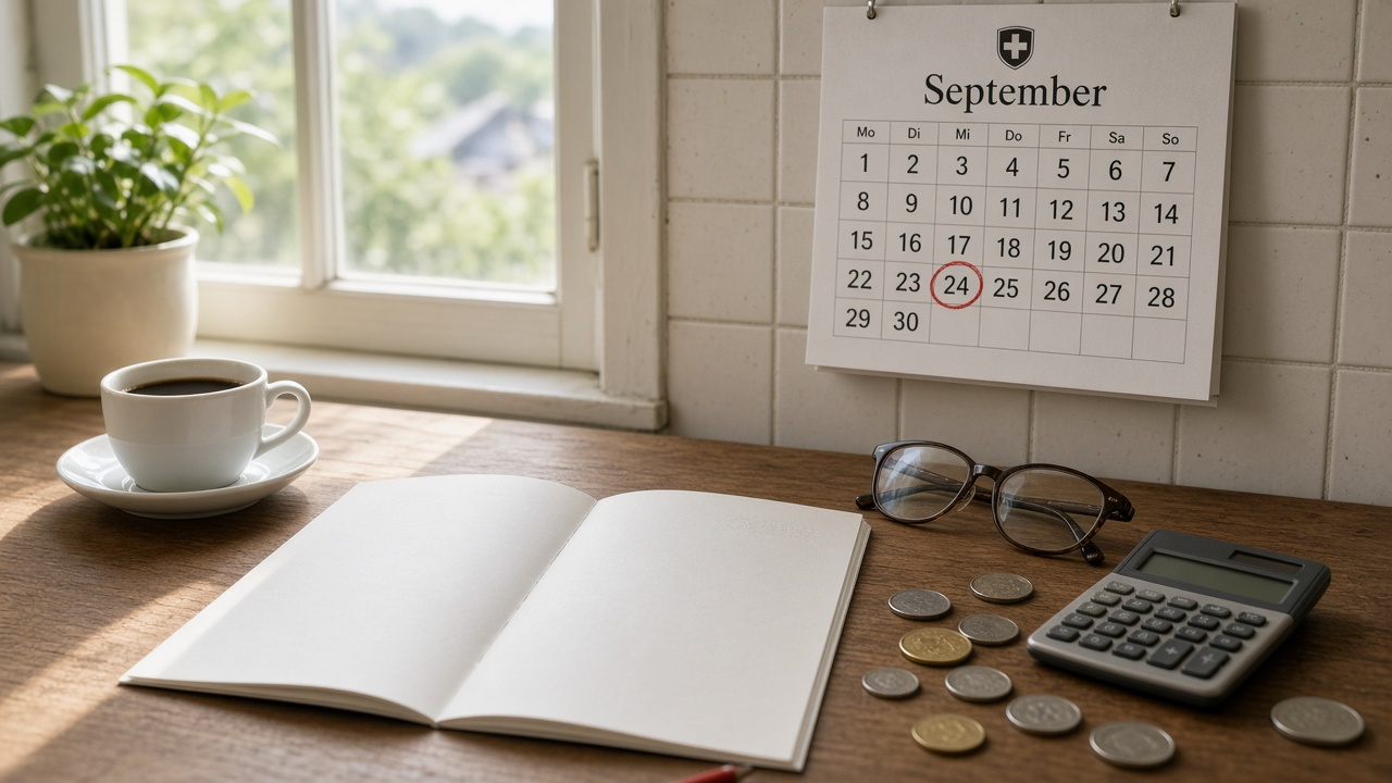 An opened letter, a September calendar and a calculator on a kitchen table in morning light