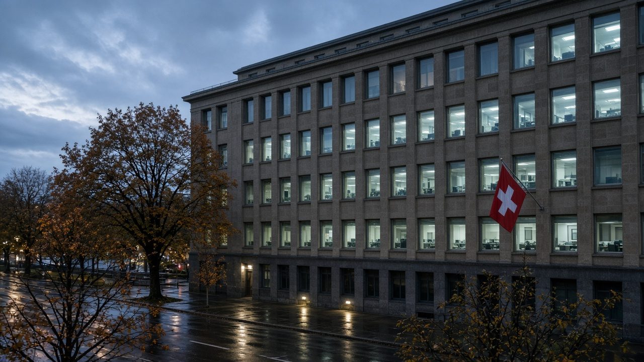 A Swiss federal administration building in Bern at dusk with office windows lit by the glow of computer screens
