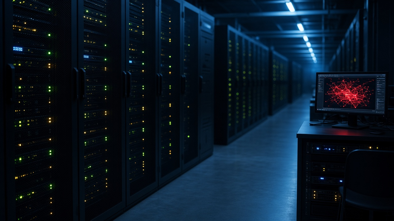 A dark data centre corridor with rows of blinking server racks and a single terminal screen glowing red