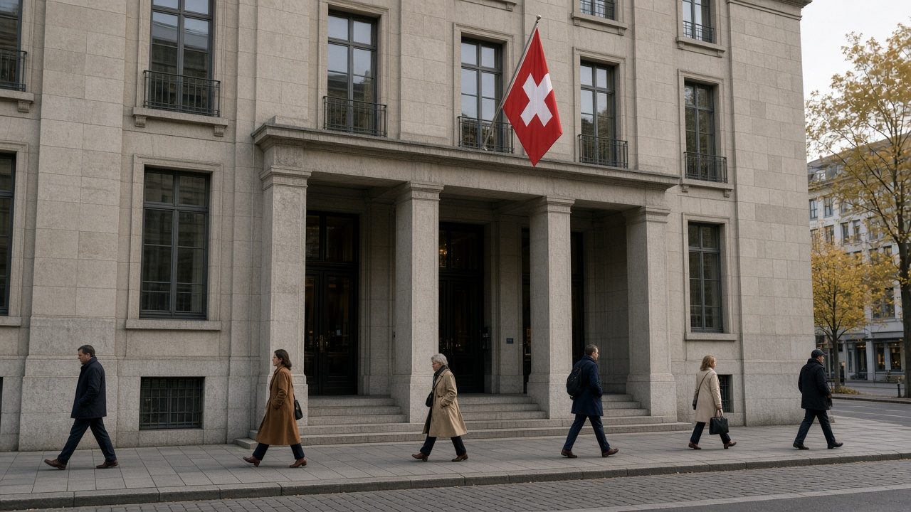 The stone facade of the Swiss National Bank headquarters in Zurich with a Swiss flag and pedestrians in autumn coats