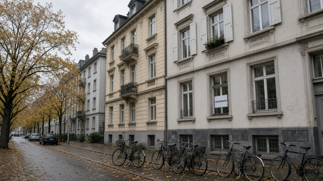 A residential street of older apartment buildings in Zurich with a rental notice in a ground floor window