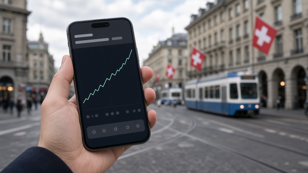 A hand holding a smartphone showing a digital banking app in front of the bank towers of Zurich’s Paradeplatz
