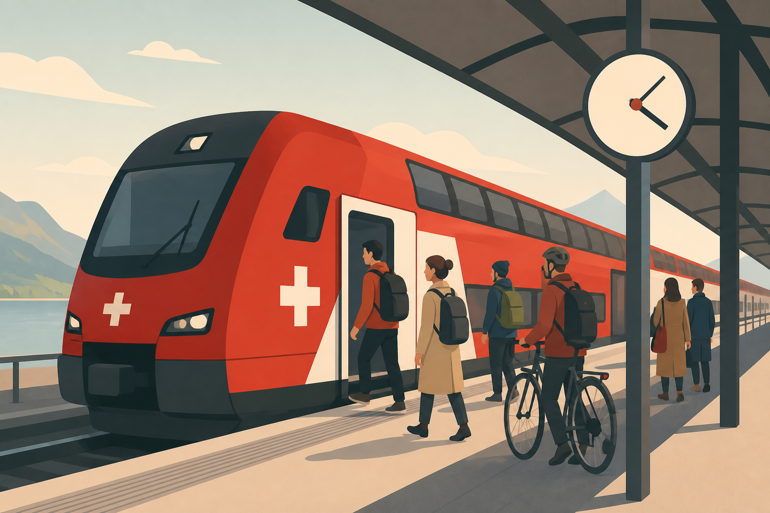 A red Swiss double-decker train at a covered platform with commuters boarding