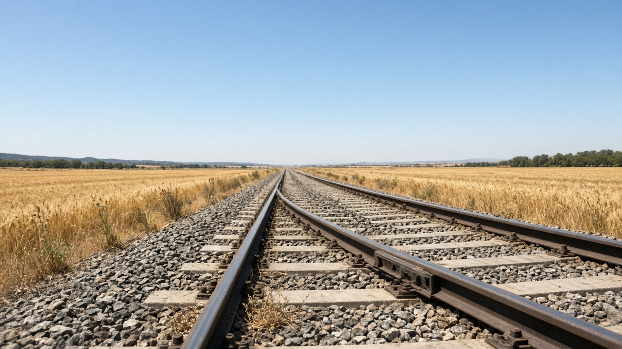 Railway tracks shimmering in summer heat haze as a maintenance worker in an orange vest checks the rails
