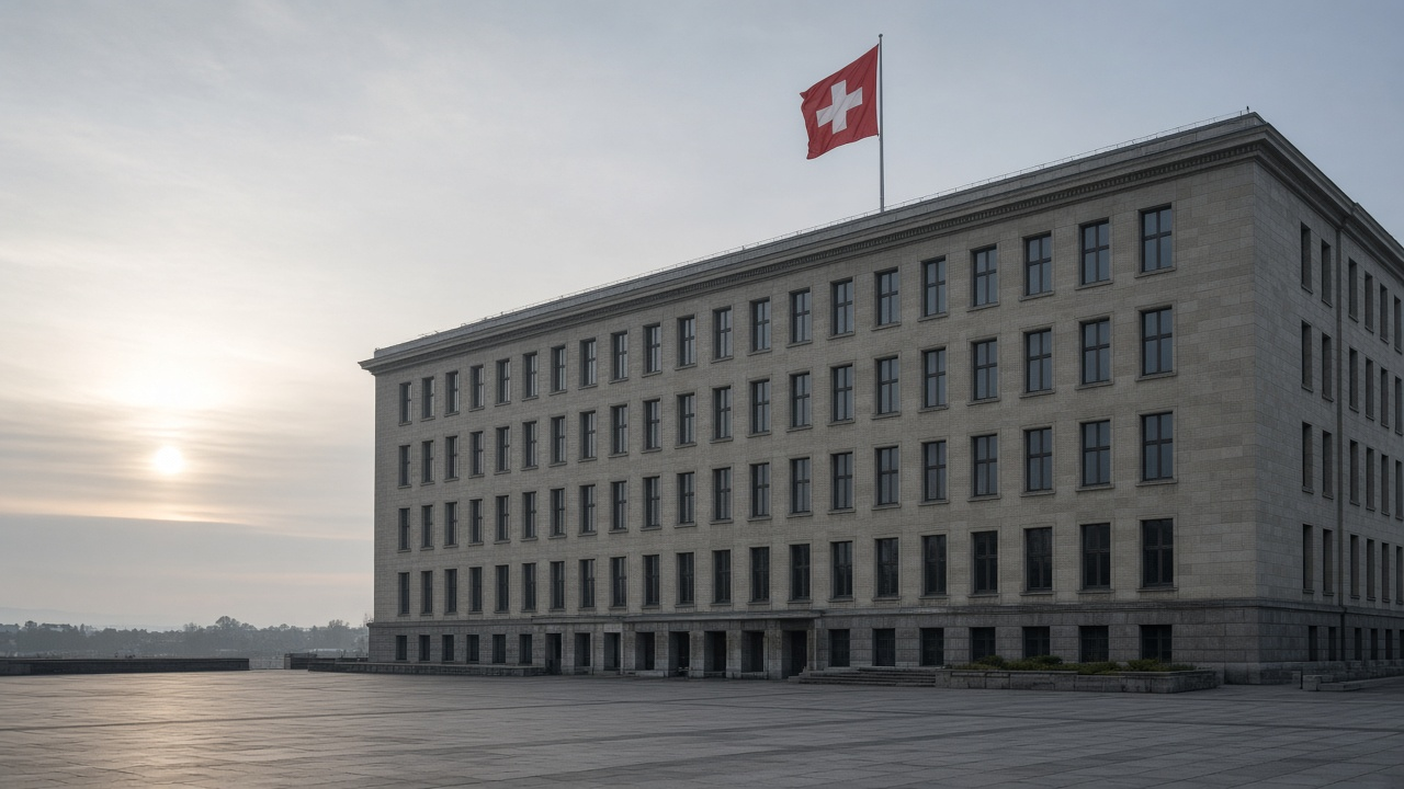 The granite facade of the Swiss National Bank in morning light with a Swiss flag on the roof