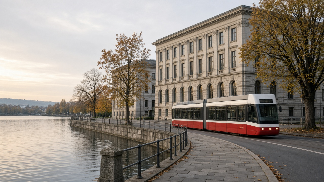 The Swiss National Bank headquarters in Zurich in early morning light, with a tram passing by the lakeside