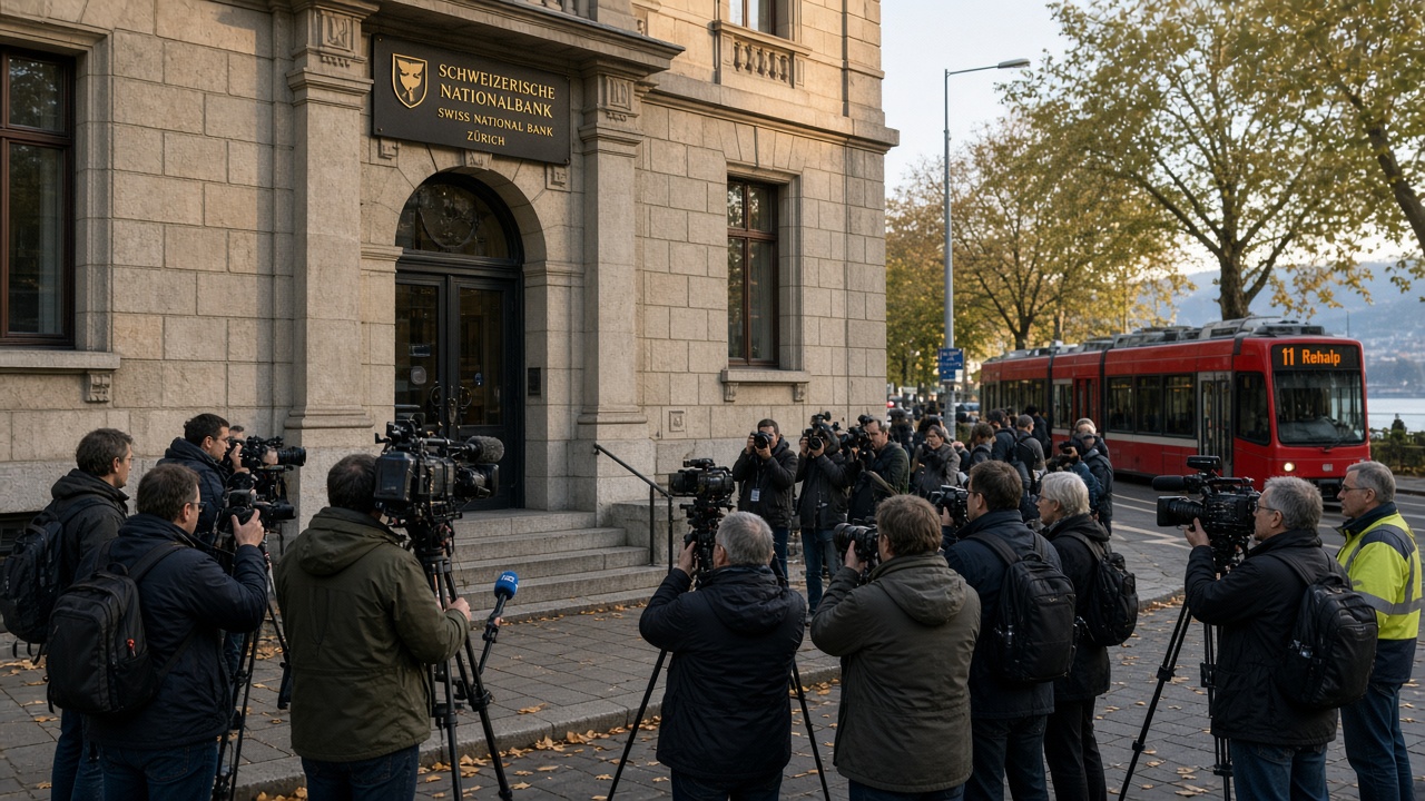 Journalists and cameras outside the Swiss National Bank headquarters in Zurich after the September rate decision