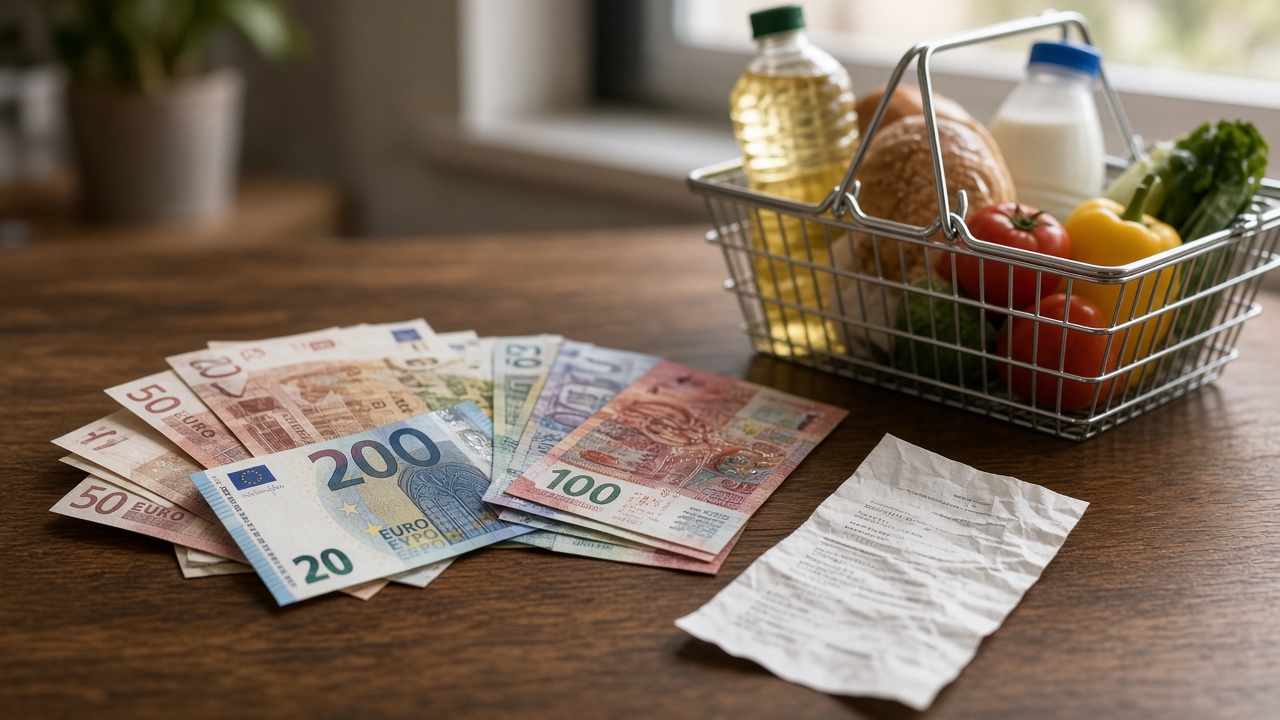 Euro and Swiss franc banknotes lying side by side on a desk beside a small shopping basket with groceries