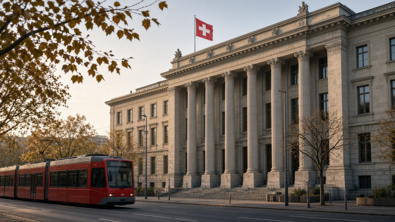 The Swiss National Bank headquarters in Zurich with a tram passing in early morning light