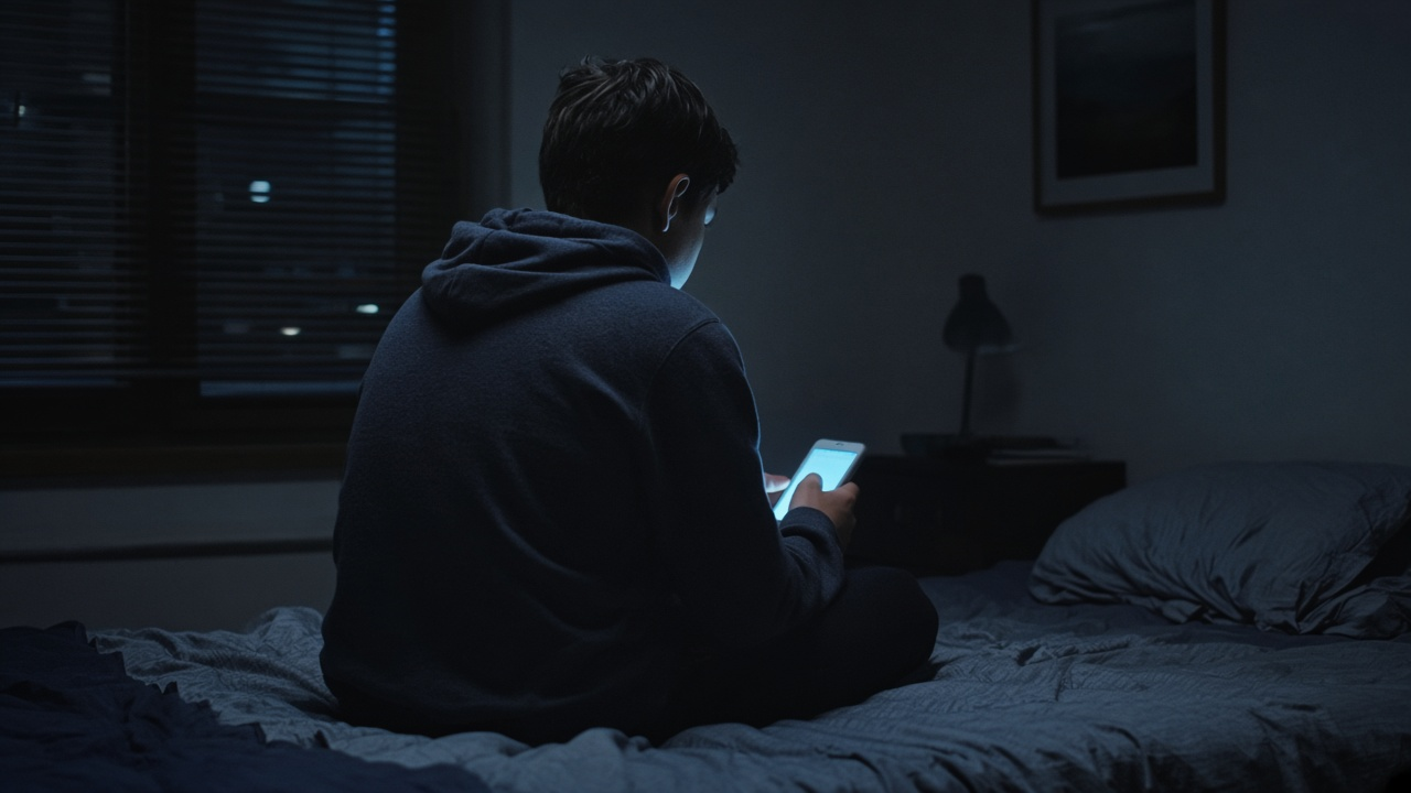 A teenager’s hands holding a smartphone with blurred social media icons glowing in a dim bedroom