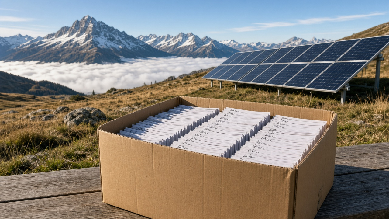 A cardboard box full of signed petition sheets in front of alpine solar panels on a high mountain meadow