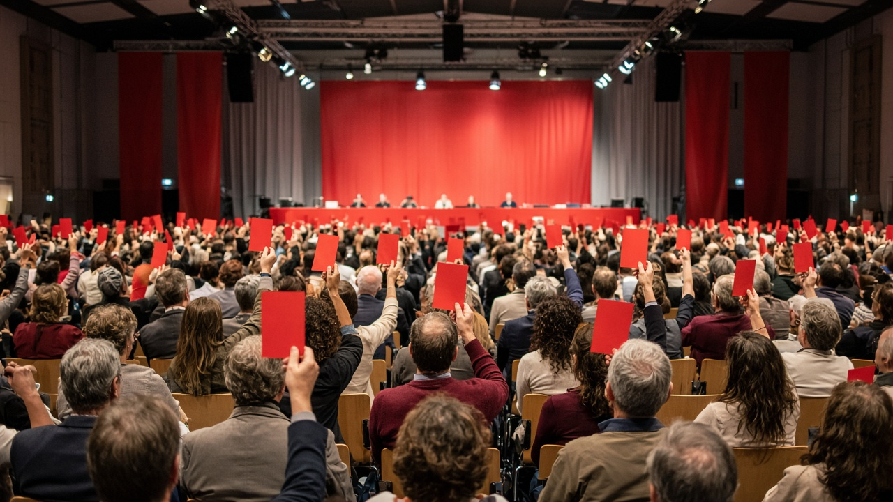 Delegates of the Social Democratic Party raising red voting cards in a congress hall decorated with red banners