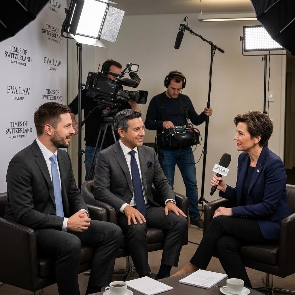 Dominik Ziegler, left, and Marcus Venturi-Lorenz of Eva Law seated with a Times of Switzerland interviewer in front of a repeating Eva Law and Times of Switzerland backdrop