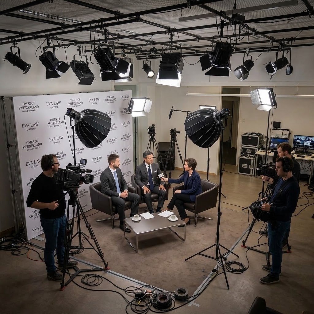 Wide shot of the Times of Switzerland studio interview with Dominik Ziegler and Marcus Venturi-Lorenz of Eva Law, showing cameras, lighting grid and the Eva Law Lucerne backdrop