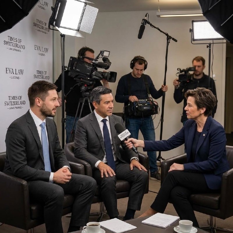 Dominik Ziegler and Marcus Venturi-Lorenz of Eva Law being interviewed by Times of Switzerland in a Lucerne studio, with a branded Eva Law backdrop and camera crew