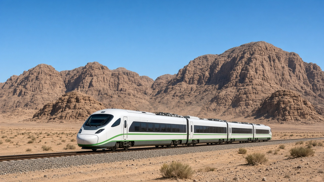 A sleek modern intercity passenger train crossing a desert railway line with rocky mountains behind