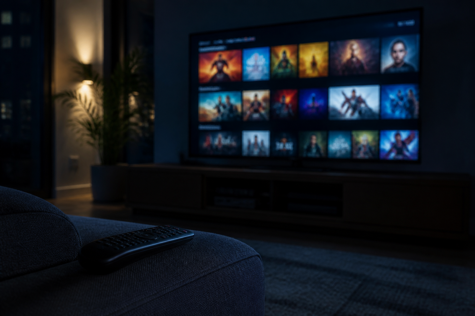 A television showing a grid of streaming service tiles in a dark living room