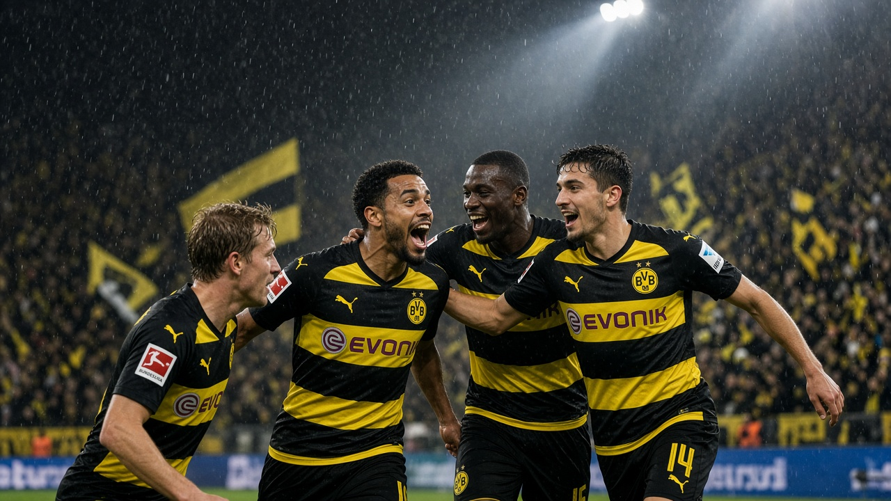 Young Boys footballers in black and yellow celebrating a goal away from home under floodlights