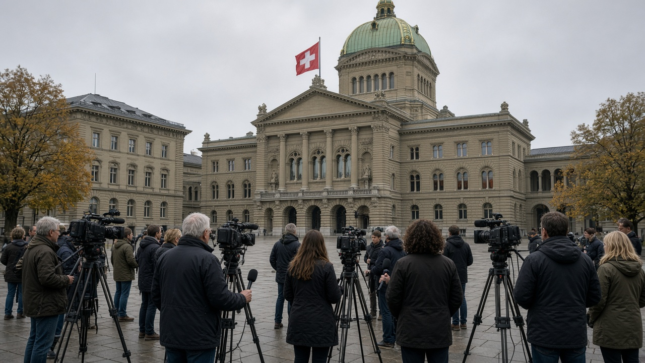 Journalists and television cameras gathered outside the Federal Palace in Bern on an autumn morning
