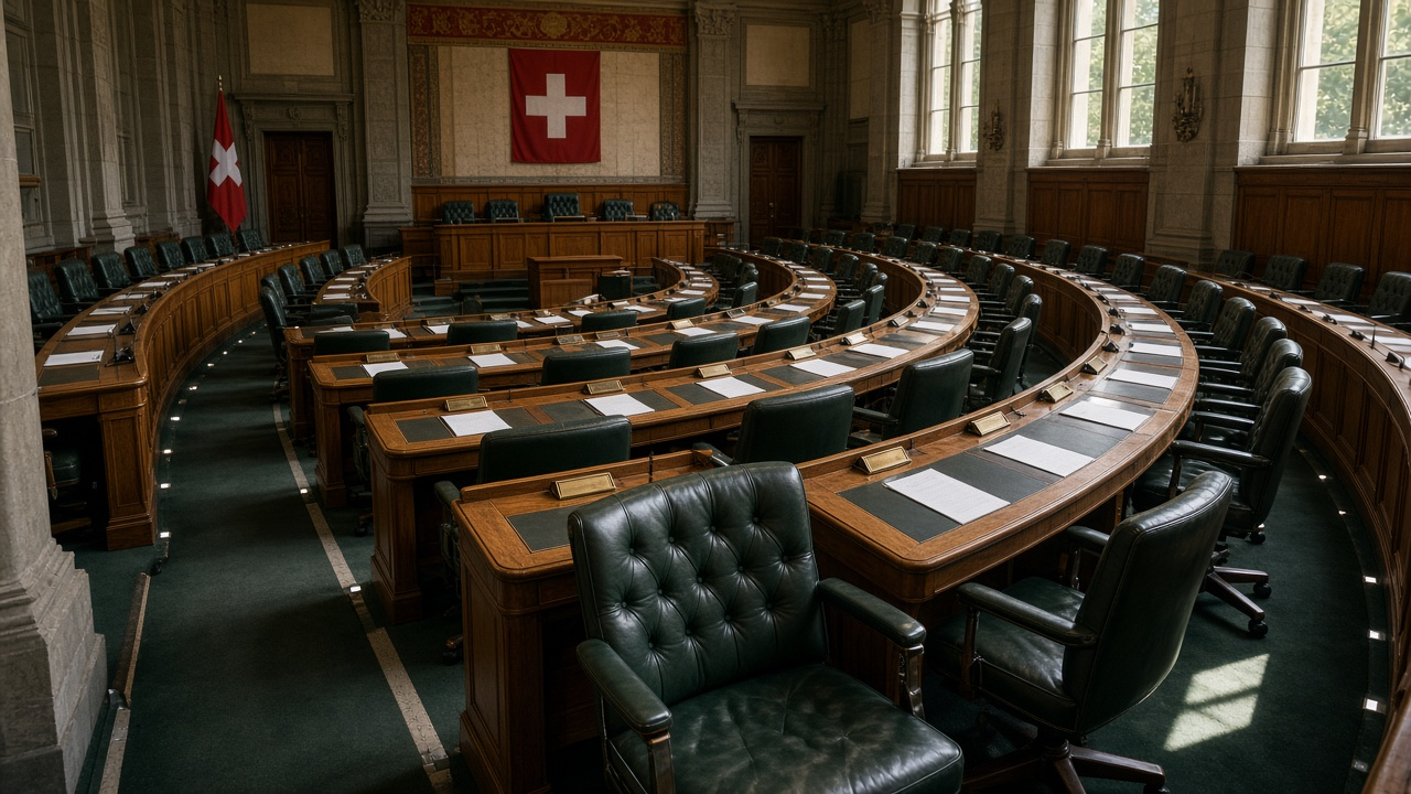 The curved rows of the empty Swiss National Council chamber in the Federal Palace with one seat in focus