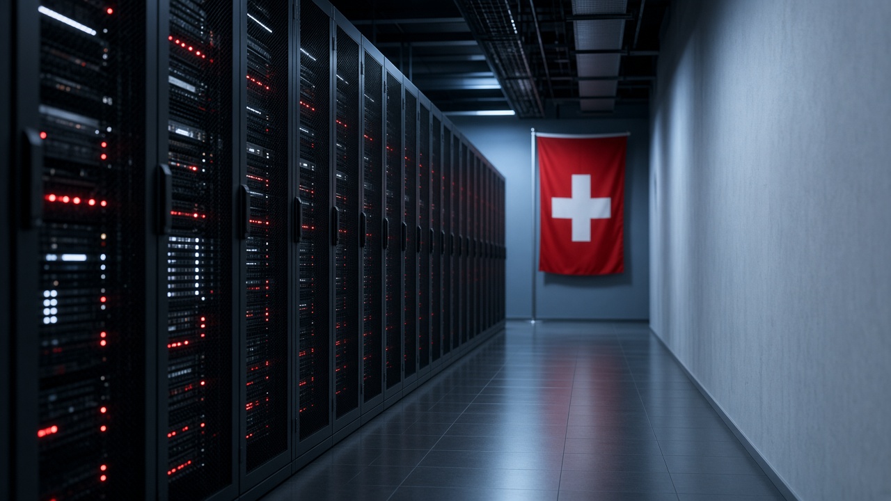A data centre corridor with glowing server racks and a Swiss flag mounted on the far wall