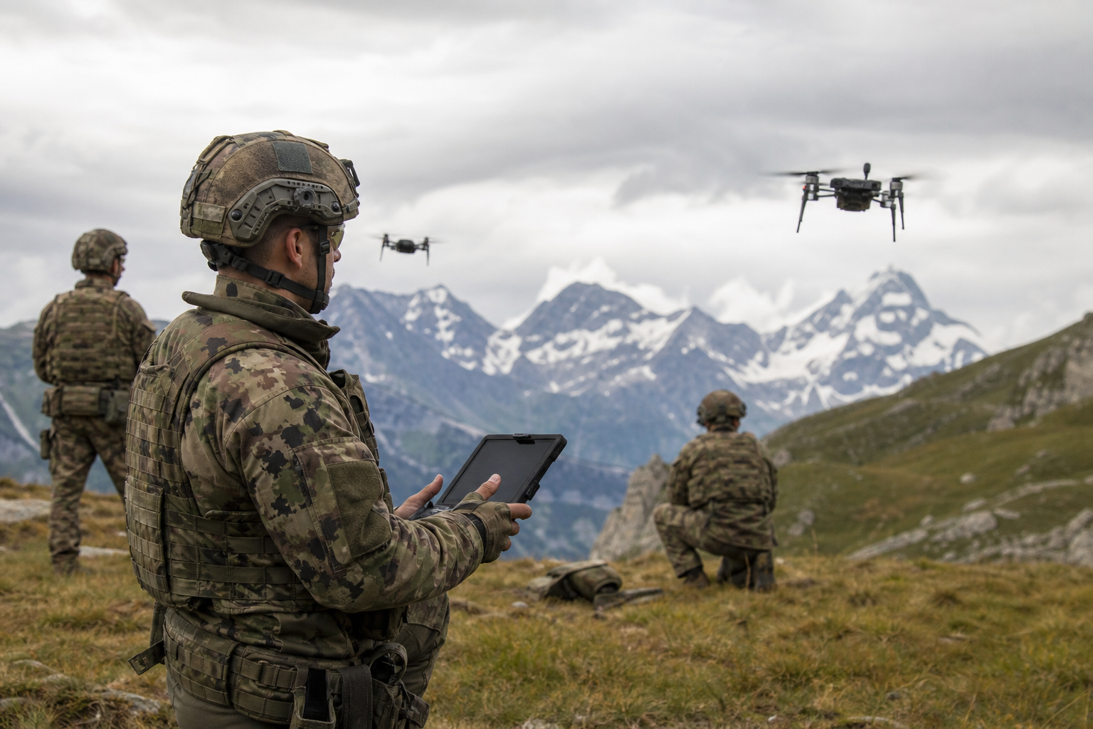 Swiss soldiers operating reconnaissance drones at an alpine training ground
