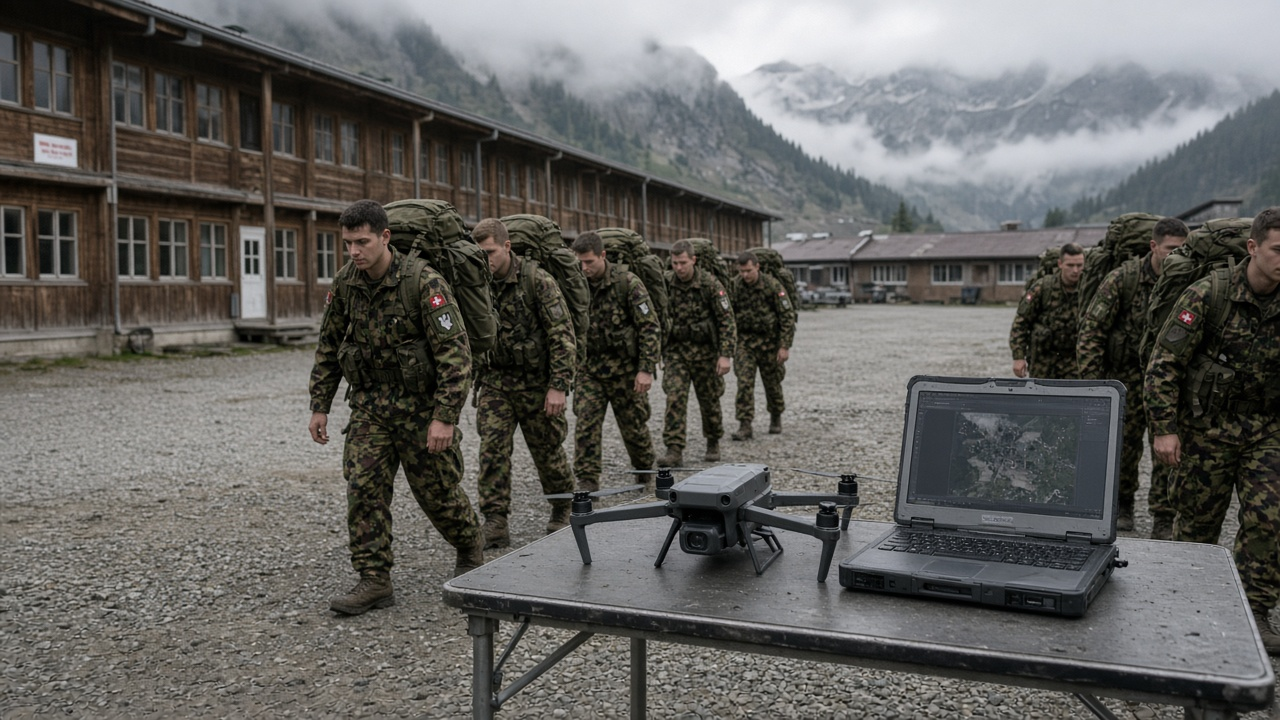 Young Swiss army recruits in camouflage uniforms with backpacks crossing an alpine barracks courtyard