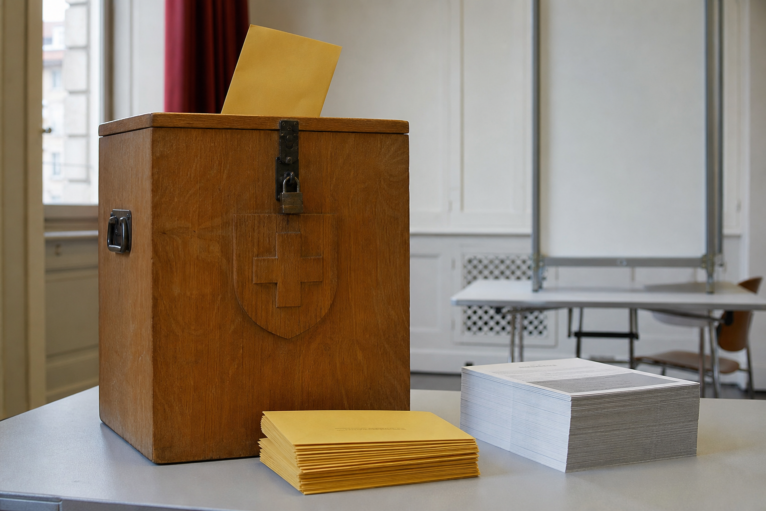 An official voting envelope being posted into a wooden Swiss communal ballot box
