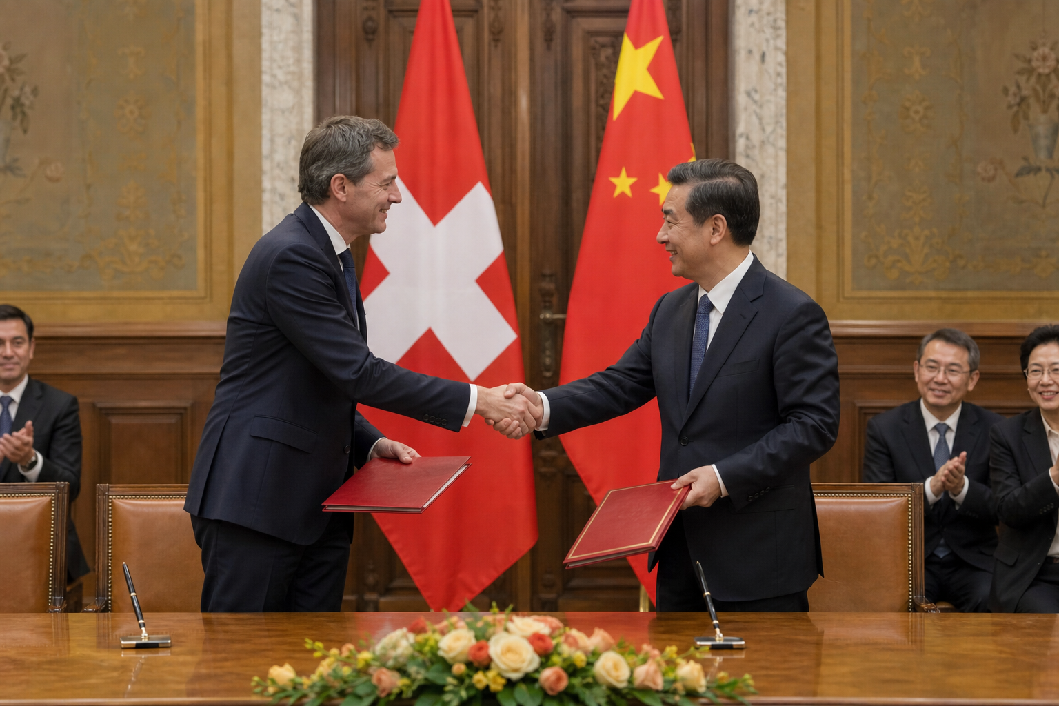 Swiss and Chinese flags behind a signing table at a trade ceremony in Bern