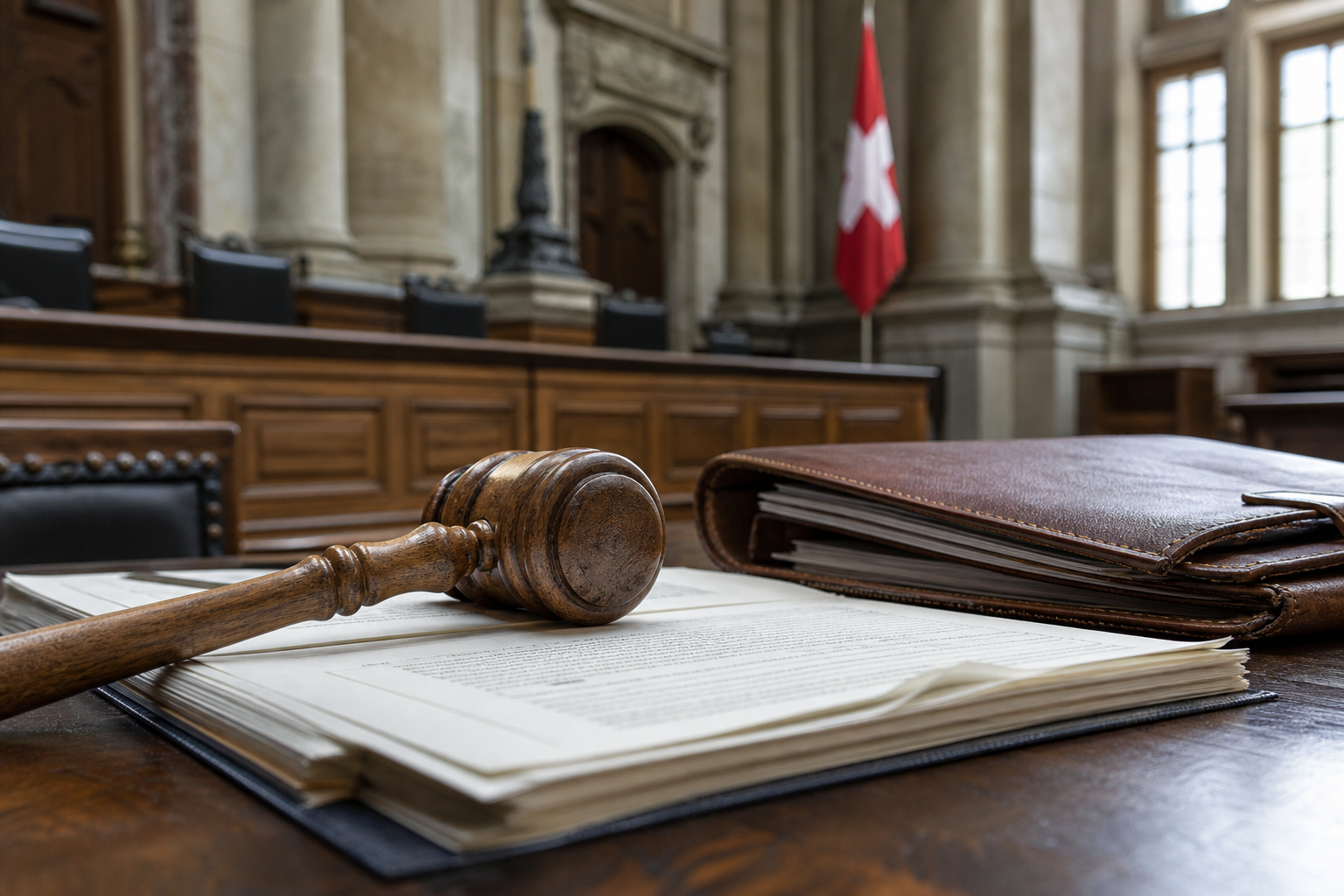 A wooden gavel and legal files on a courtroom bench in a Swiss courthouse