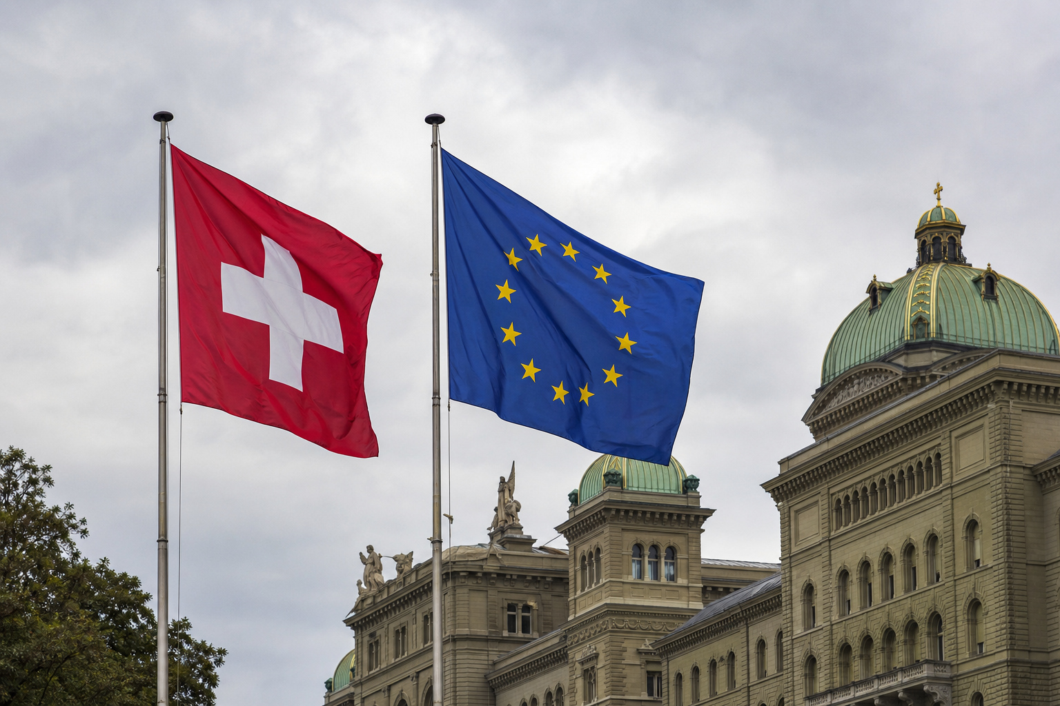 Swiss and European Union flags flying side by side in Bern
