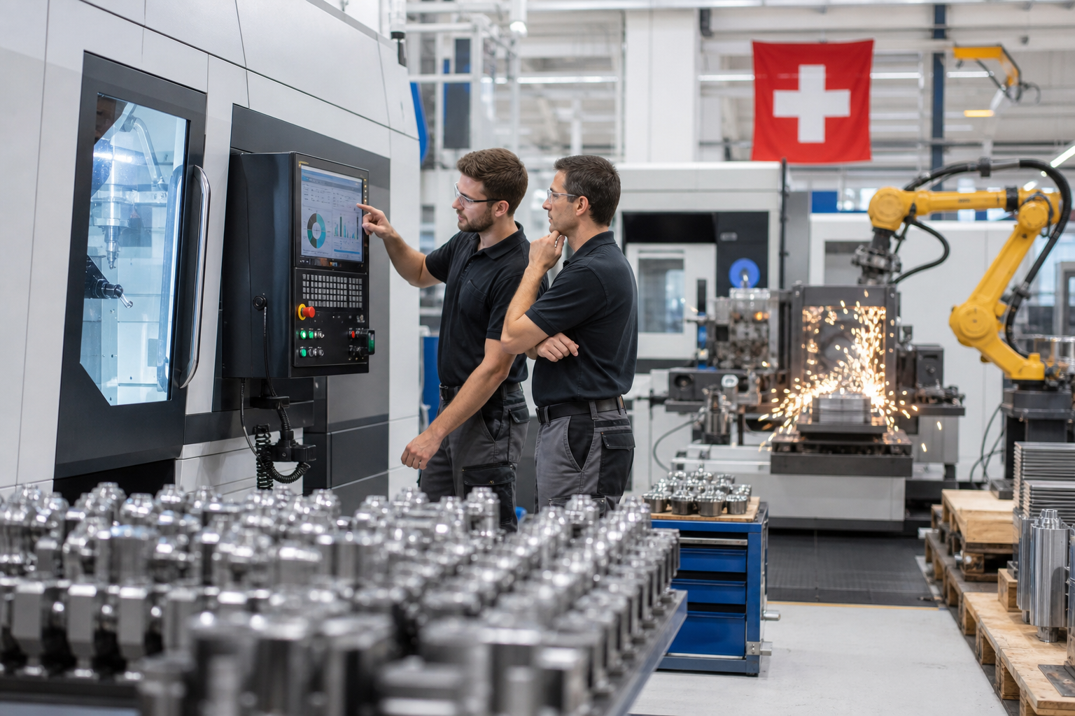 Workers at a control panel among CNC machines and robotic arms on a Swiss factory floor