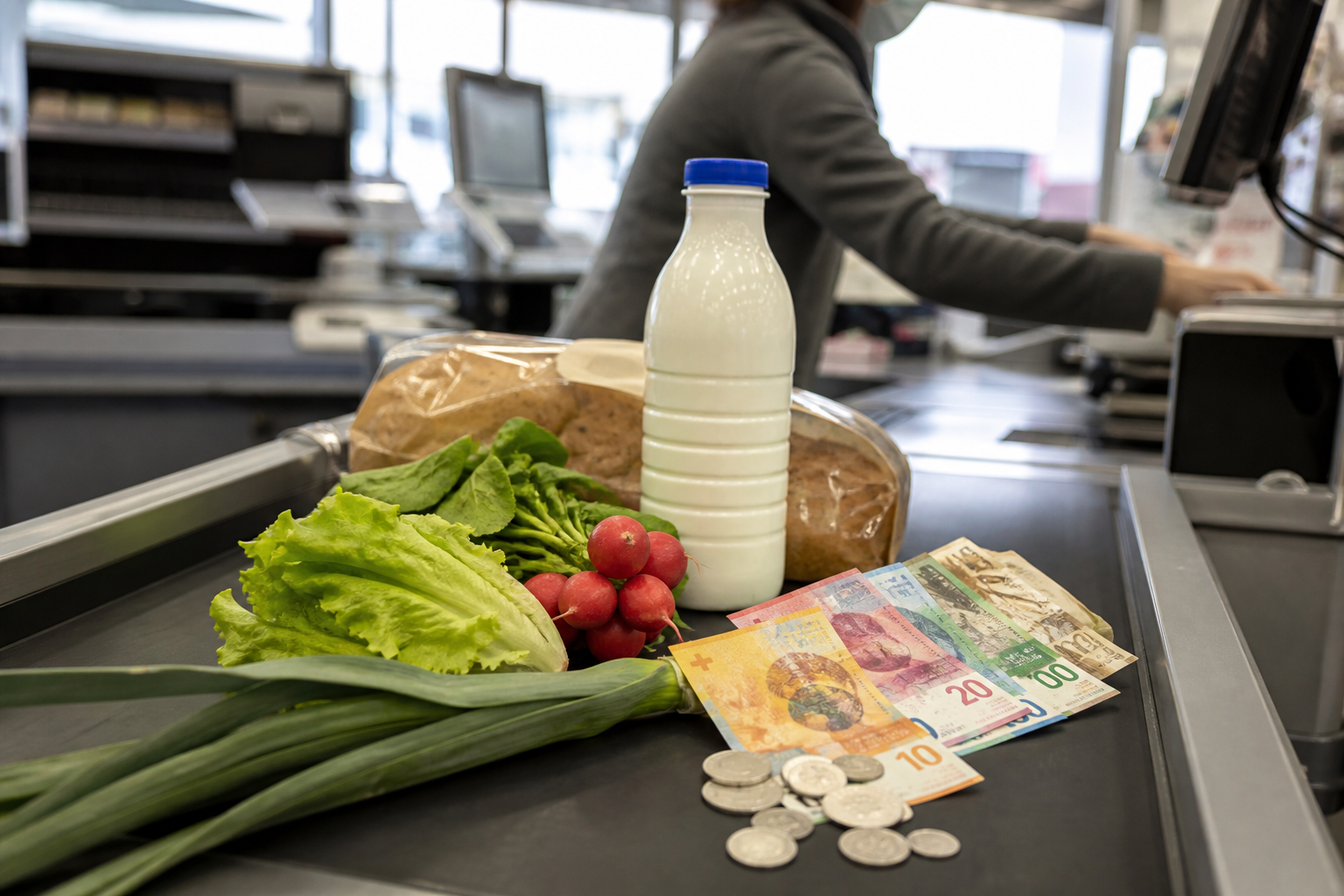 Swiss franc banknotes and coins beside groceries on a supermarket checkout conveyor belt