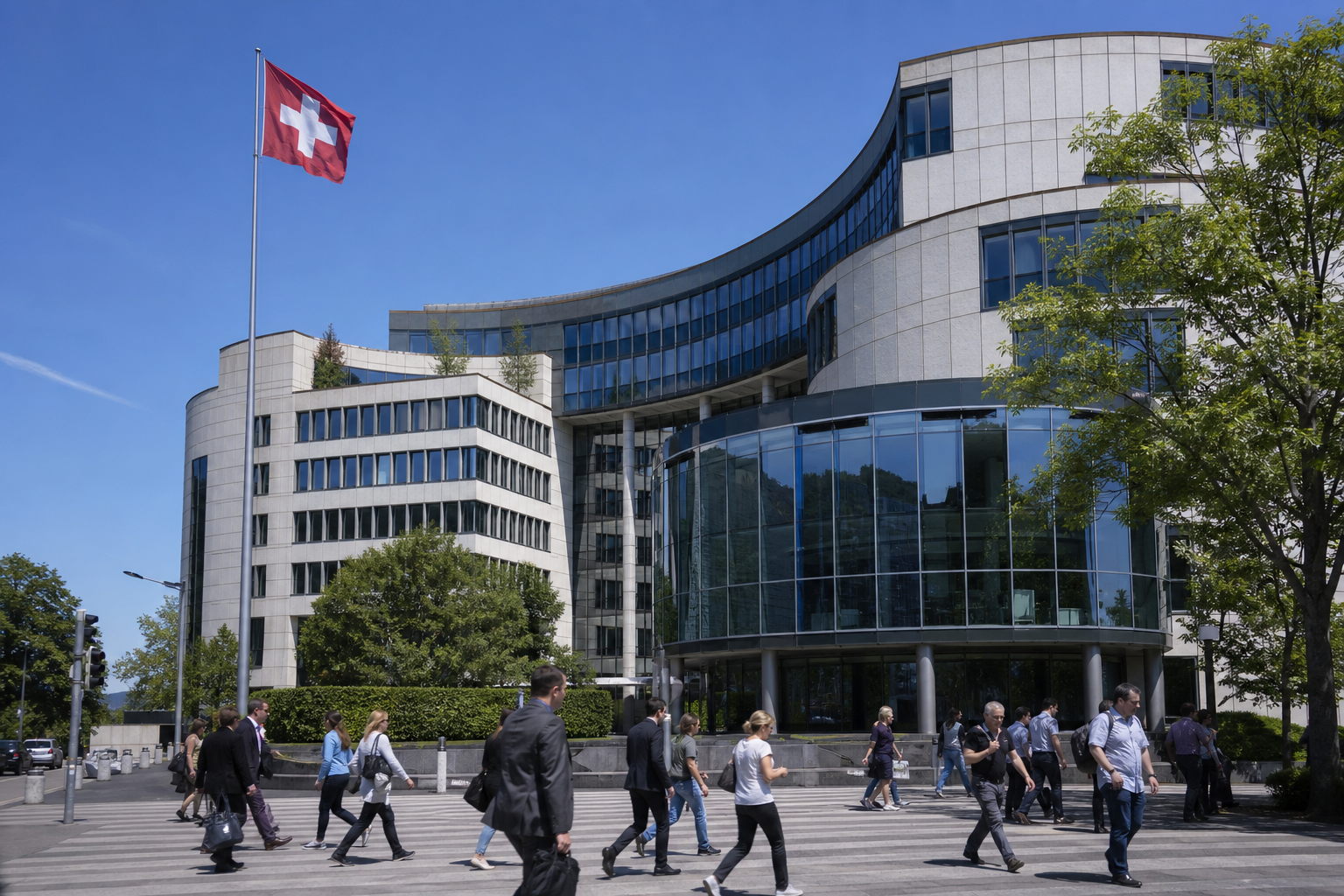 The curved glass and stone headquarters of a Swiss insurer in Zurich with a Swiss flag in front