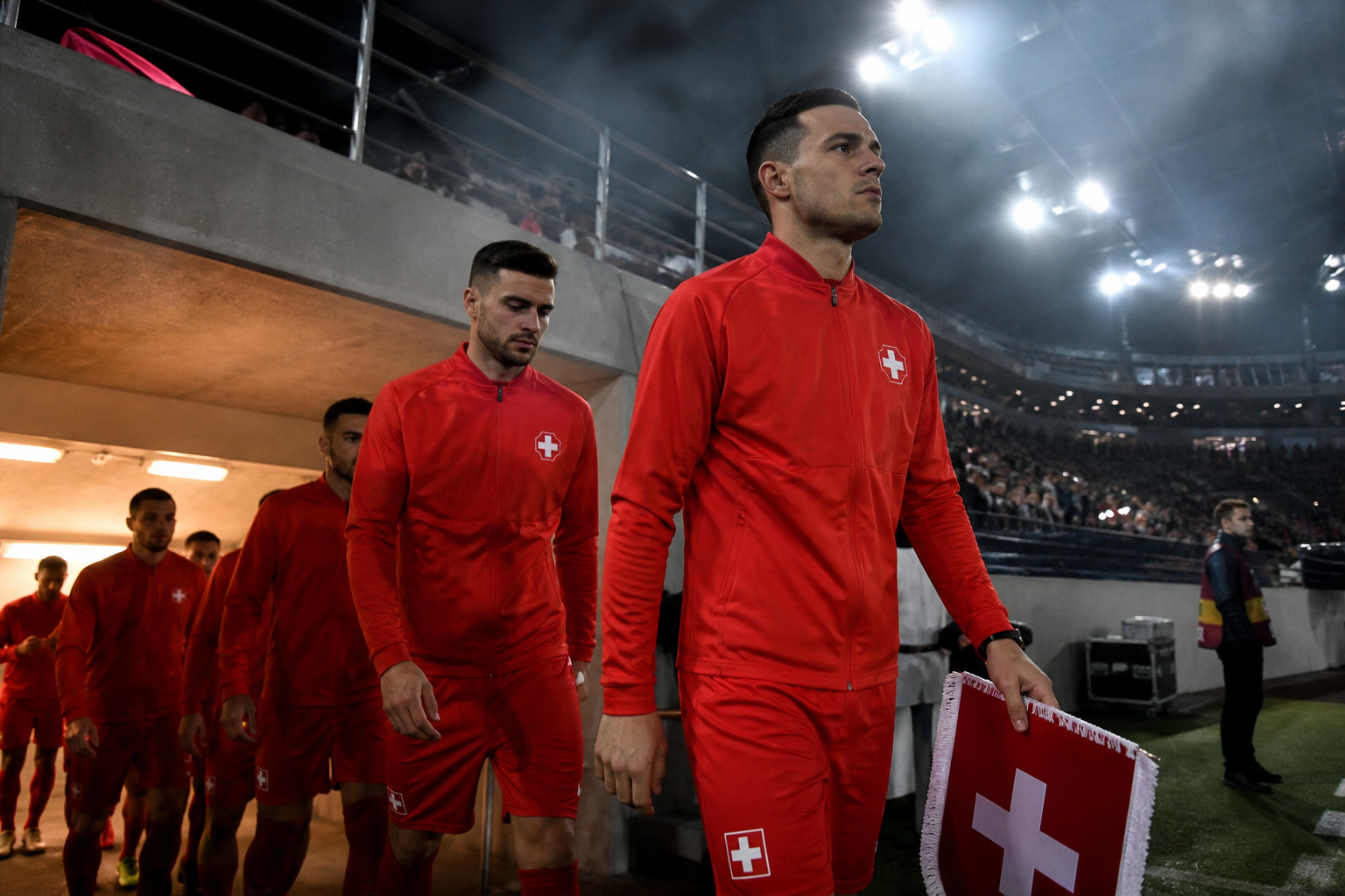 Swiss national team footballers in red shirts walking out of the tunnel onto a floodlit pitch at night