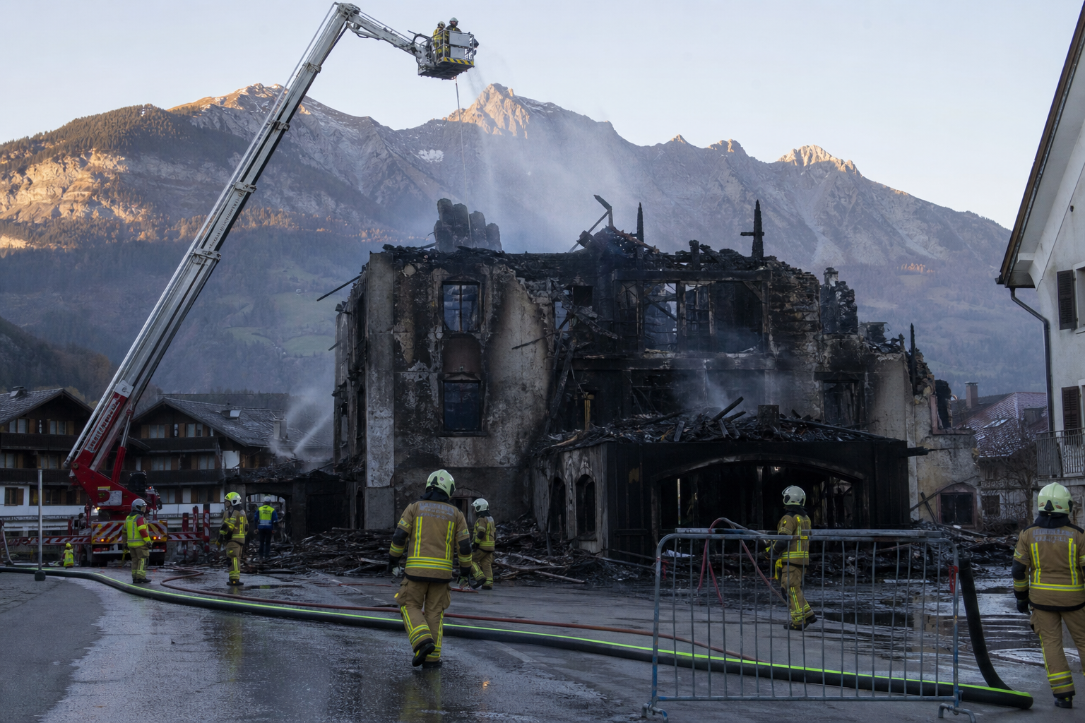 The charred shell of a multi-storey building in an alpine town with firefighters at work