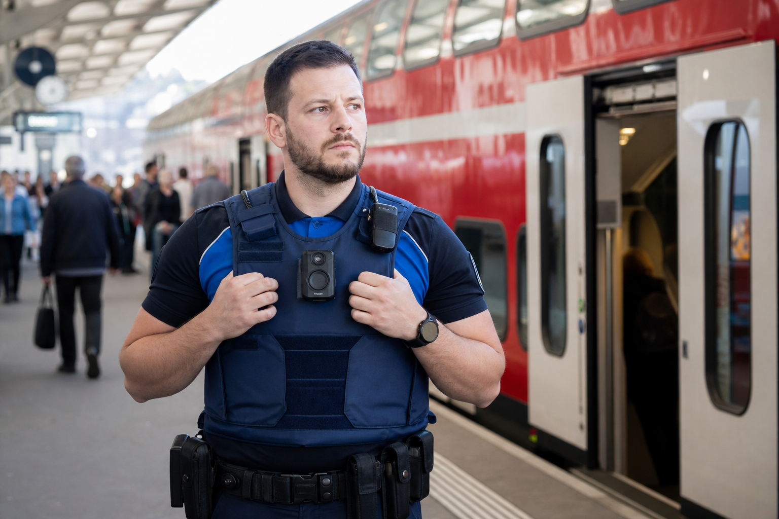 A Swiss transport police officer with a body camera on a station platform beside a red double-decker train