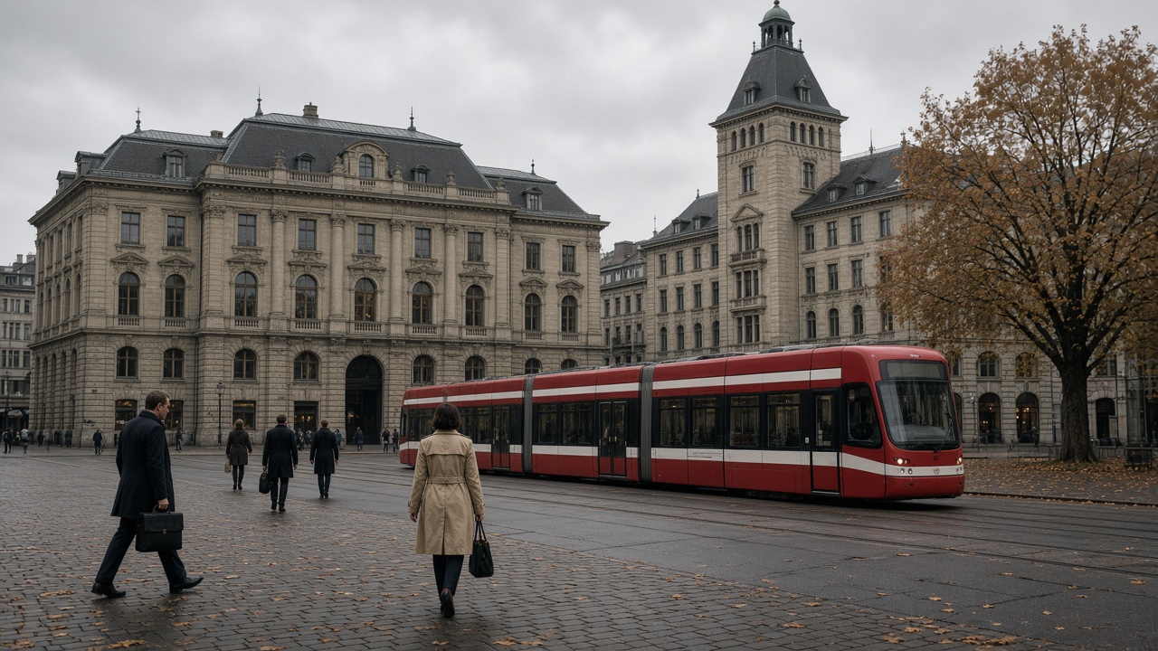 Paradeplatz in Zurich with historic bank buildings and a tram crossing the square in the morning