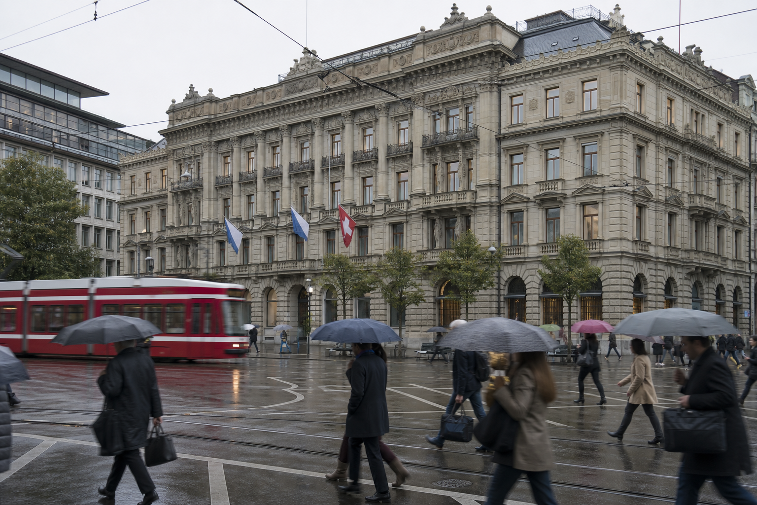 A grand stone bank headquarters on Paradeplatz in Zurich with a red tram passing in front