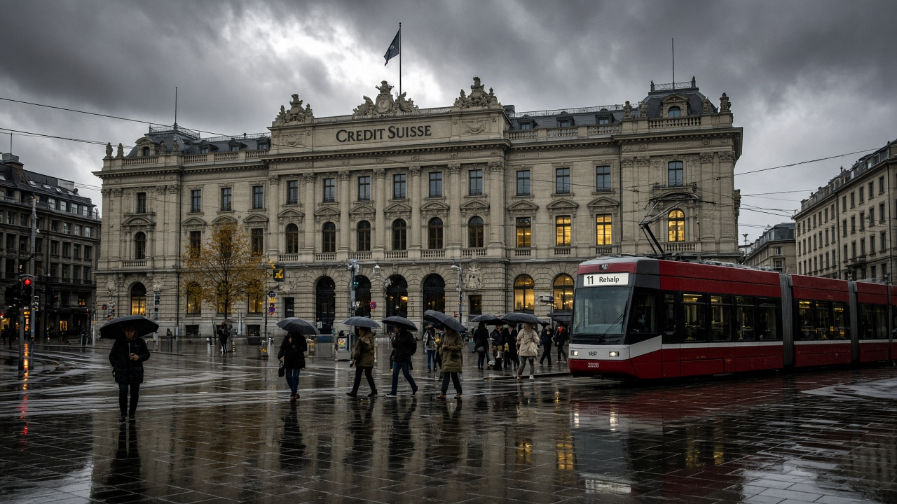 Paradeplatz in Zurich with the stone headquarters of a major bank and a red tram under a heavy overcast sky