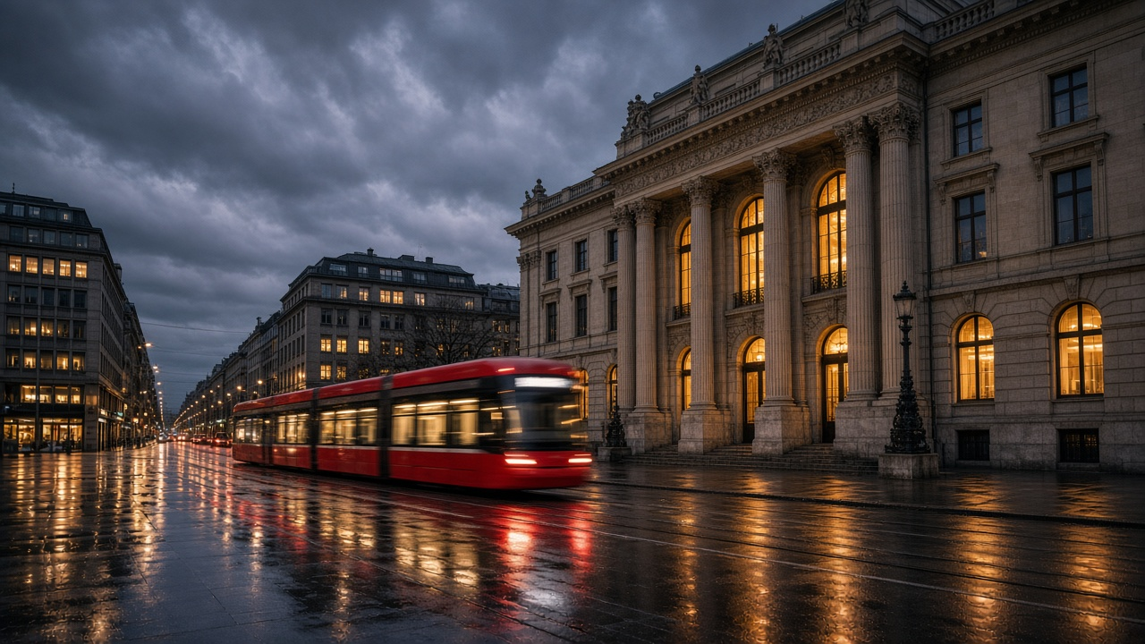 Paradeplatz in Zurich at dusk with the stone facade of a major bank headquarters and a passing red tram