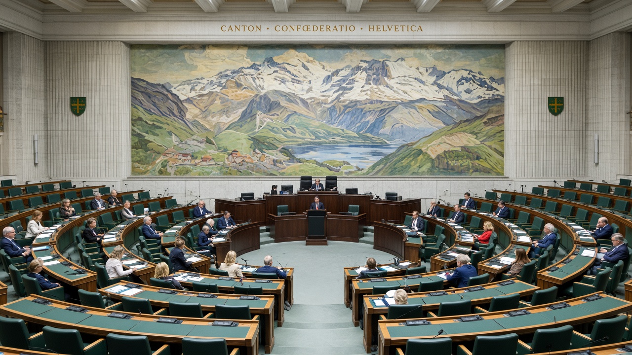 The National Council chamber in the Federal Palace in Bern during a session, with parliamentarians at their desks