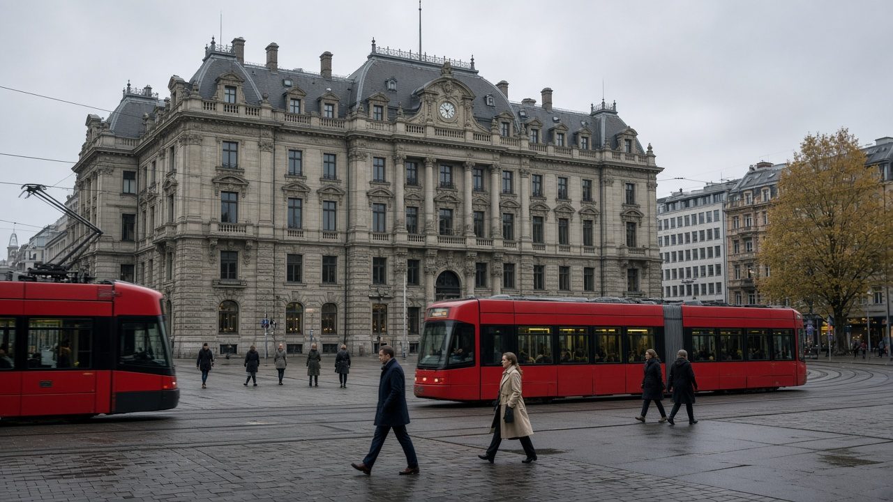 Paradeplatz in Zurich with a grand bank headquarters building and red trams passing in autumn light