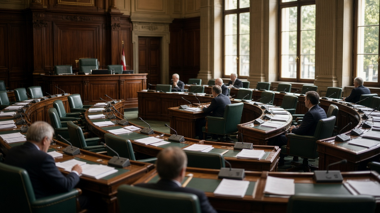 The Council of States chamber in Bern, with wooden desks and microphones in daylight