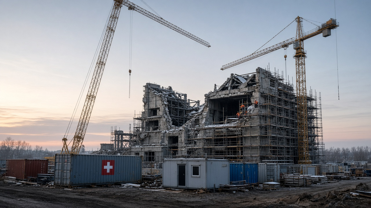 Tower cranes rebuilding a war damaged power station at dawn with workers and shipping containers below