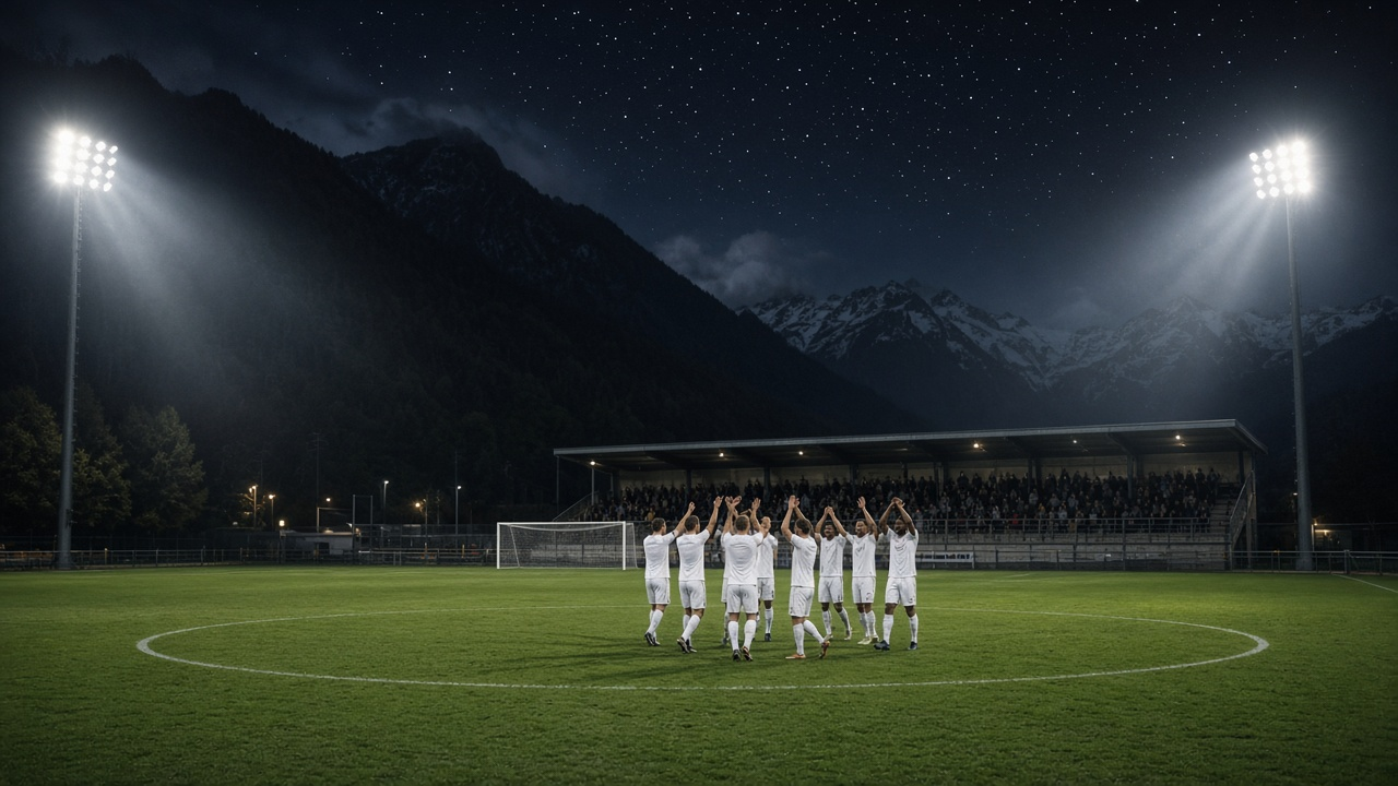 A small floodlit football stadium at night in the Alps with players in white celebrating